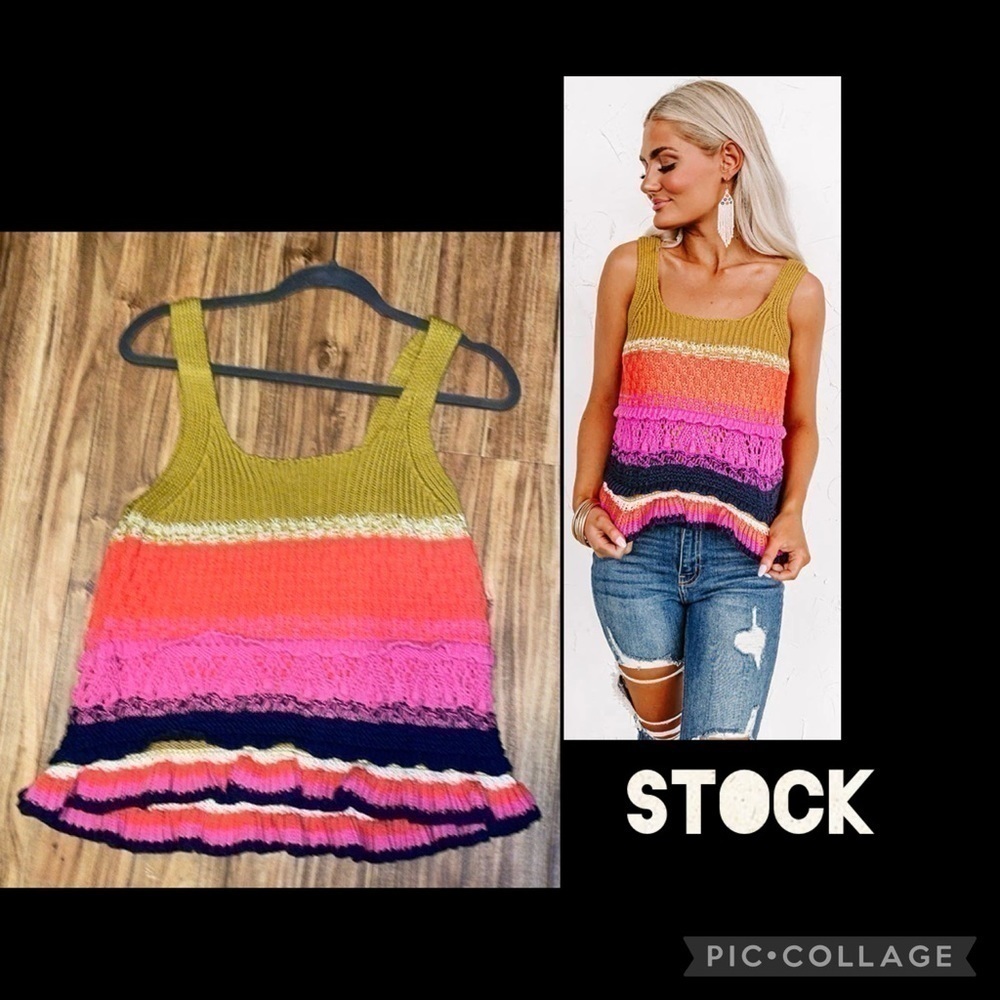 Entro women’s Large tank top crochet shirt knit ruffle tank stripe blue green